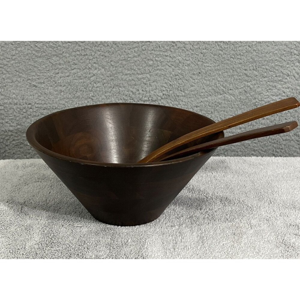 Mid Century Vermillion Real Walnut Salad Serving Bowl Real Wood with Fork&Spoon